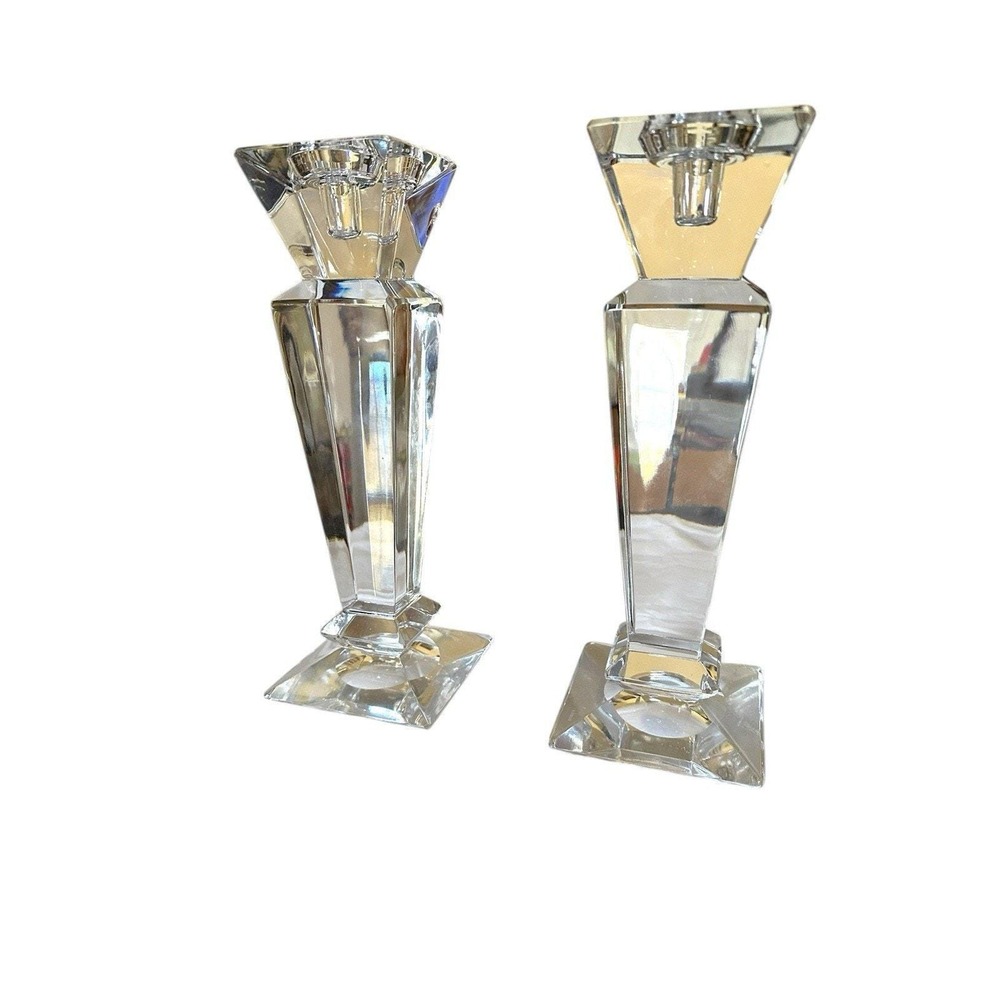 TOWLE Pair Of Geometric Full Lead Crystal Monument Candle Holders Signed EUC